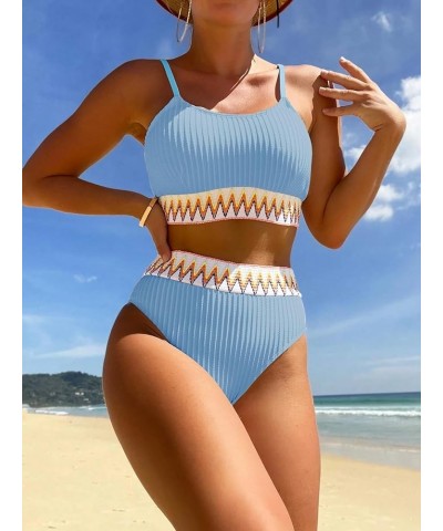 Ribbed Contrast High Waisted Tummy Control Bikini Set Spandex Swimsuit 2 Piece Light Blue $18.86 Swimsuits