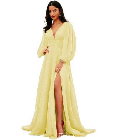 Women's Deep V-Neck Bridesmaid Dresses Long Sleeve Pleated Faux-Wrap Formal Dress with Slit YMS301 Yellow $31.31 Dresses