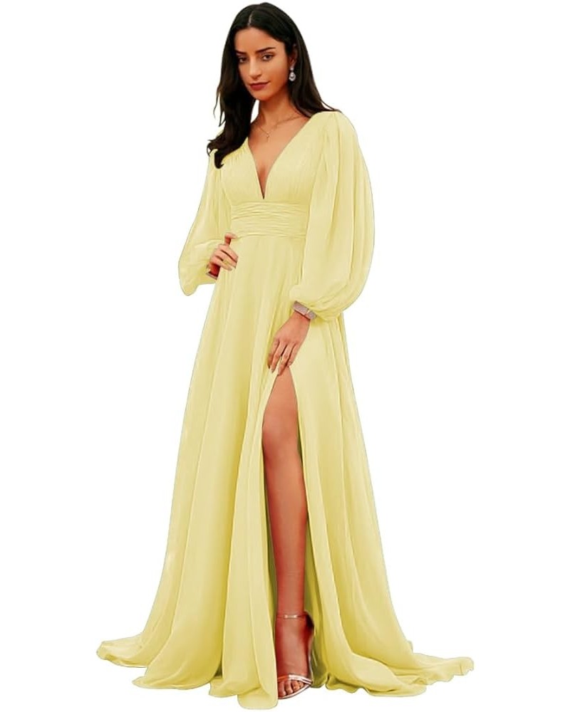 Women's Deep V-Neck Bridesmaid Dresses Long Sleeve Pleated Faux-Wrap Formal Dress with Slit YMS301 Yellow $31.31 Dresses