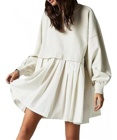 Babydoll Sweatshirt Dress Plus Size Long Sleeves Pleated Ruffle Dress White $21.65 Dresses