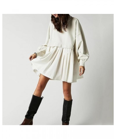 Babydoll Sweatshirt Dress Plus Size Long Sleeves Pleated Ruffle Dress White $21.65 Dresses