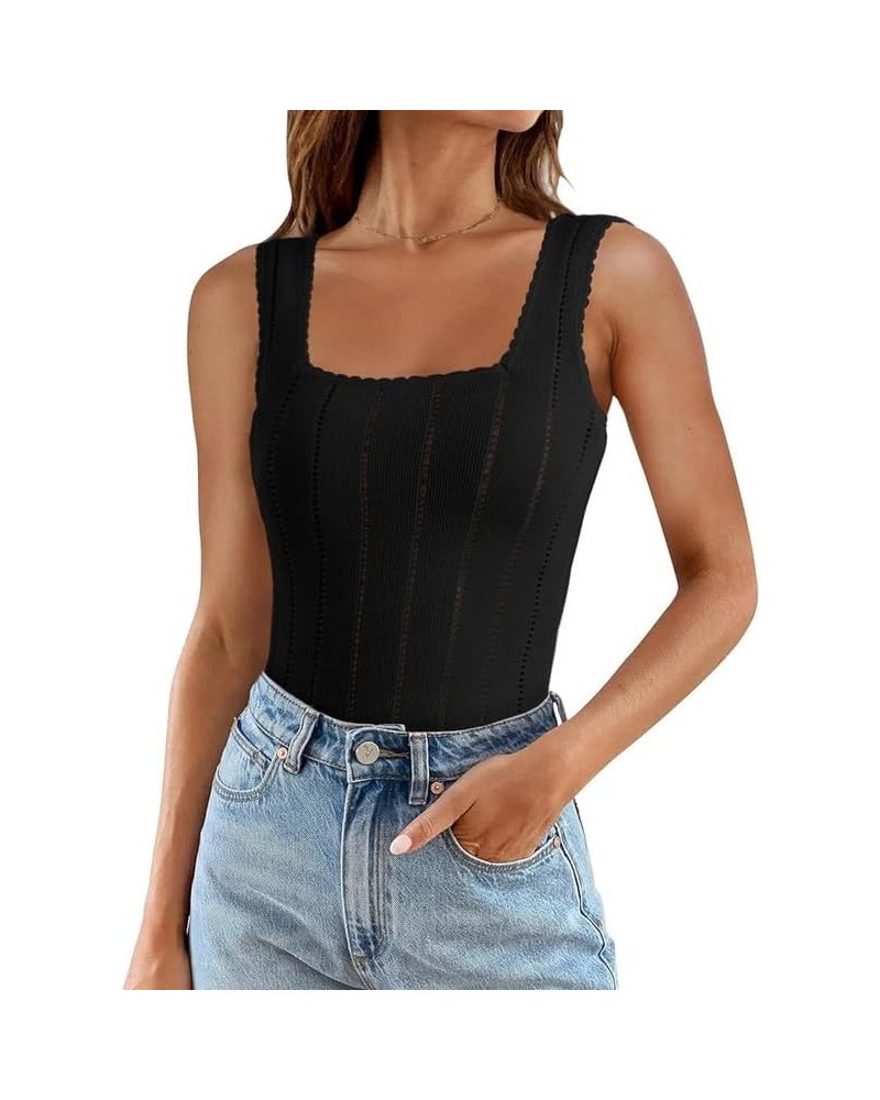 Womens Ribbed Tank Tops 2024 Summer Sleeveless Square Neck Casual Slim Fitted Basic Knit Shirts Black $14.24 Tanks