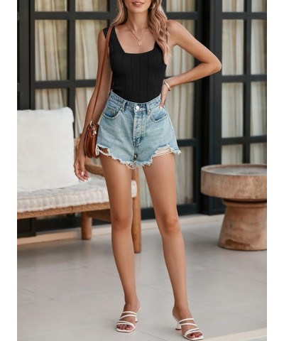 Womens Ribbed Tank Tops 2024 Summer Sleeveless Square Neck Casual Slim Fitted Basic Knit Shirts Black $14.24 Tanks