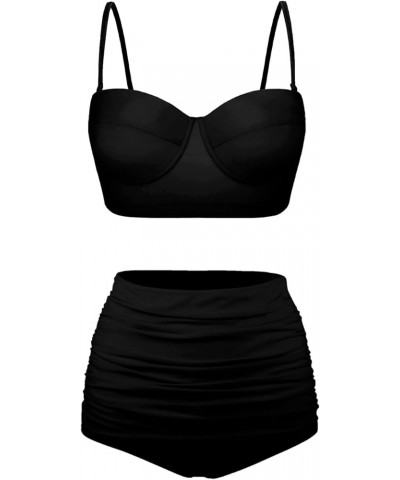 Women's Swimsuit Size S-2XL,Girls Summer 2 Pieces Crop Tops+High Waisted Briefs Bikini Sets Black $12.74 Swimsuits