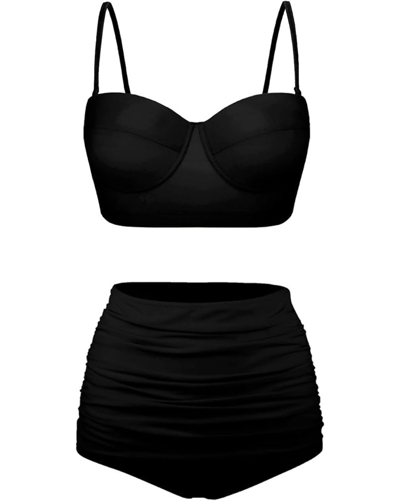 Women's Swimsuit Size S-2XL,Girls Summer 2 Pieces Crop Tops+High Waisted Briefs Bikini Sets Black $12.74 Swimsuits