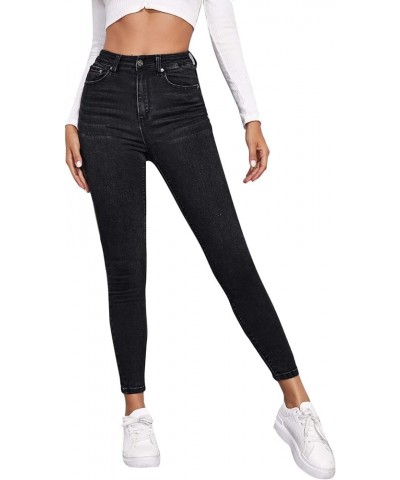 Women's Casual Button High Rise Skinny Denim Jeans Solid Black $25.43 Jeans