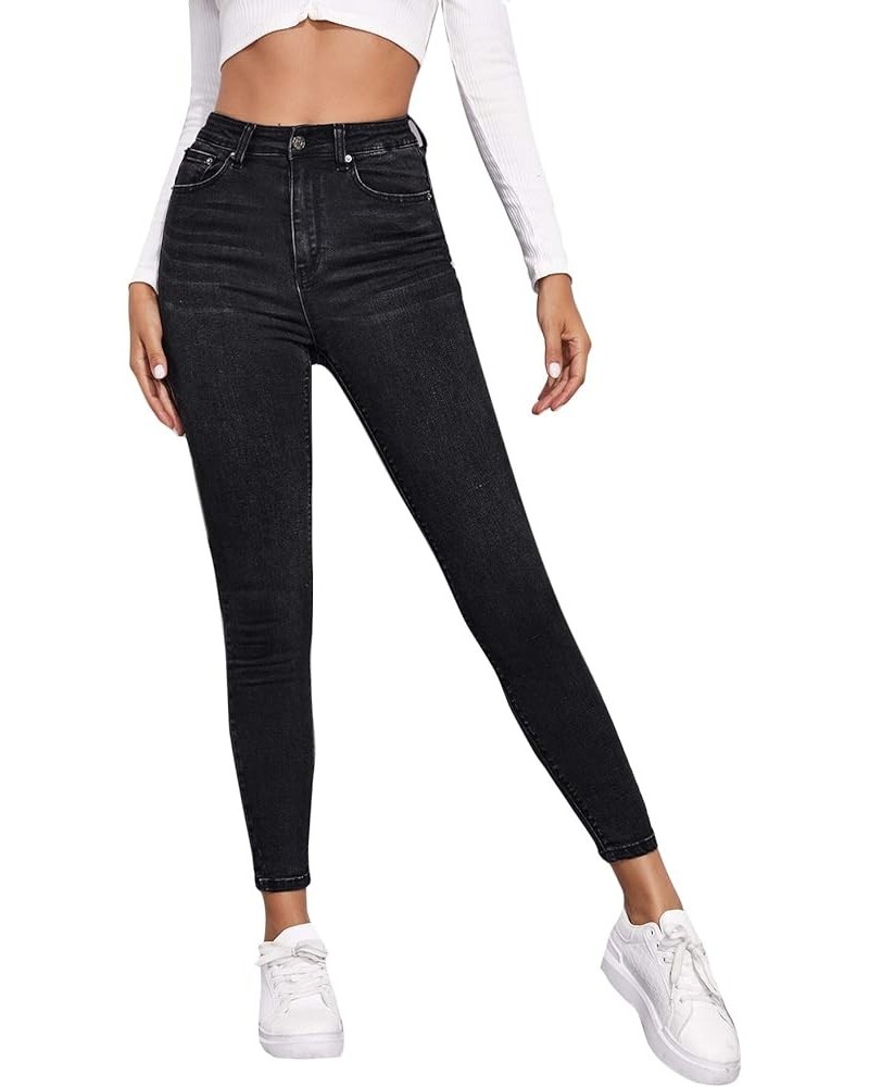 Women's Casual Button High Rise Skinny Denim Jeans Solid Black $25.43 Jeans