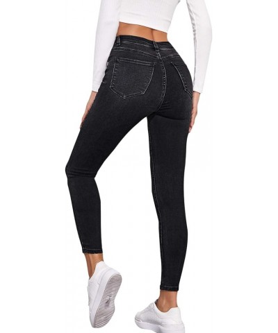 Women's Casual Button High Rise Skinny Denim Jeans Solid Black $25.43 Jeans