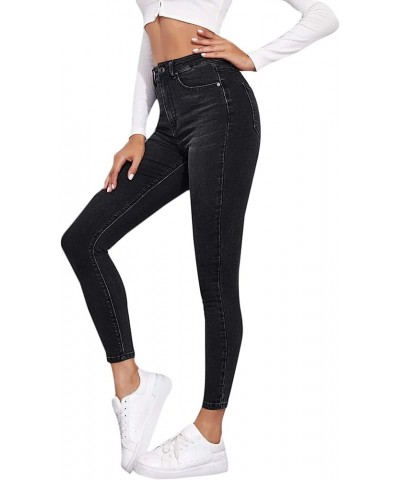 Women's Casual Button High Rise Skinny Denim Jeans Solid Black $25.43 Jeans