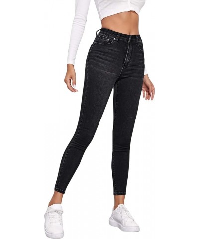 Women's Casual Button High Rise Skinny Denim Jeans Solid Black $25.43 Jeans