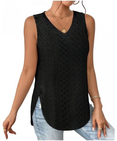 Womens Tank Tops V Neck Eyelet Embroidery Casaul Sleeveless Shirts 02-black $8.84 Tanks