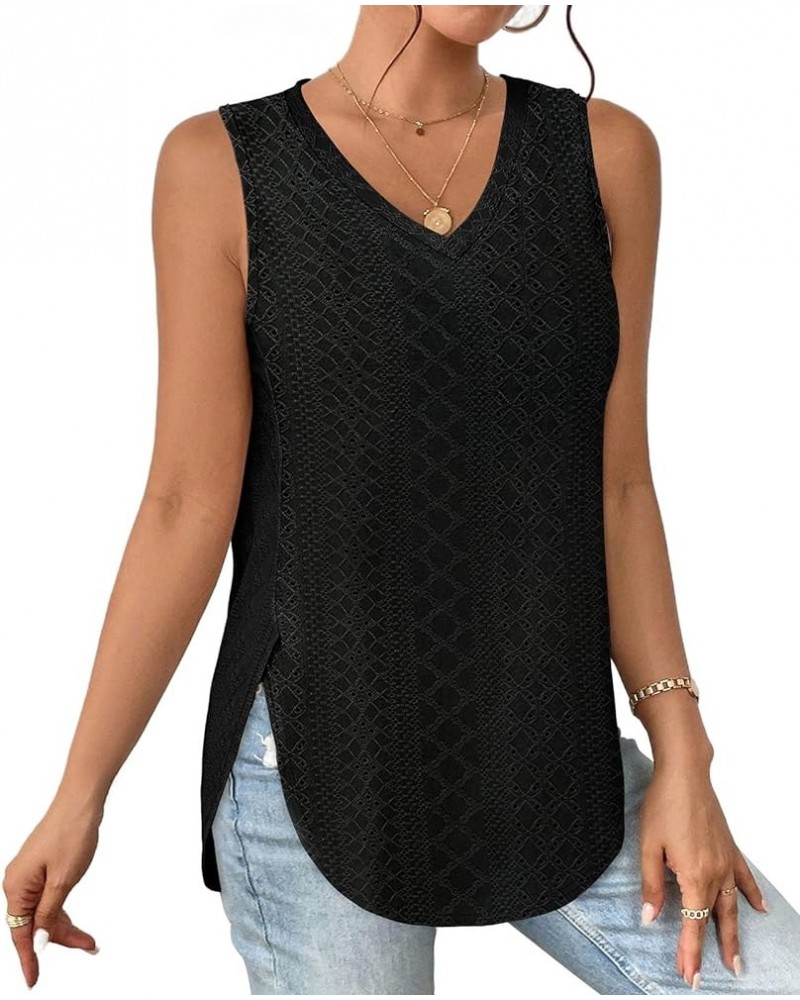 Womens Tank Tops V Neck Eyelet Embroidery Casaul Sleeveless Shirts 02-black $8.84 Tanks