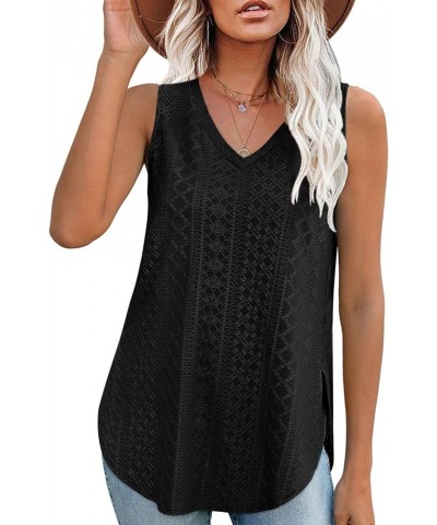 Womens Tank Tops V Neck Eyelet Embroidery Casaul Sleeveless Shirts 02-black $8.84 Tanks