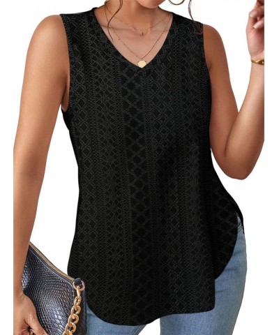 Womens Tank Tops V Neck Eyelet Embroidery Casaul Sleeveless Shirts 02-black $8.84 Tanks