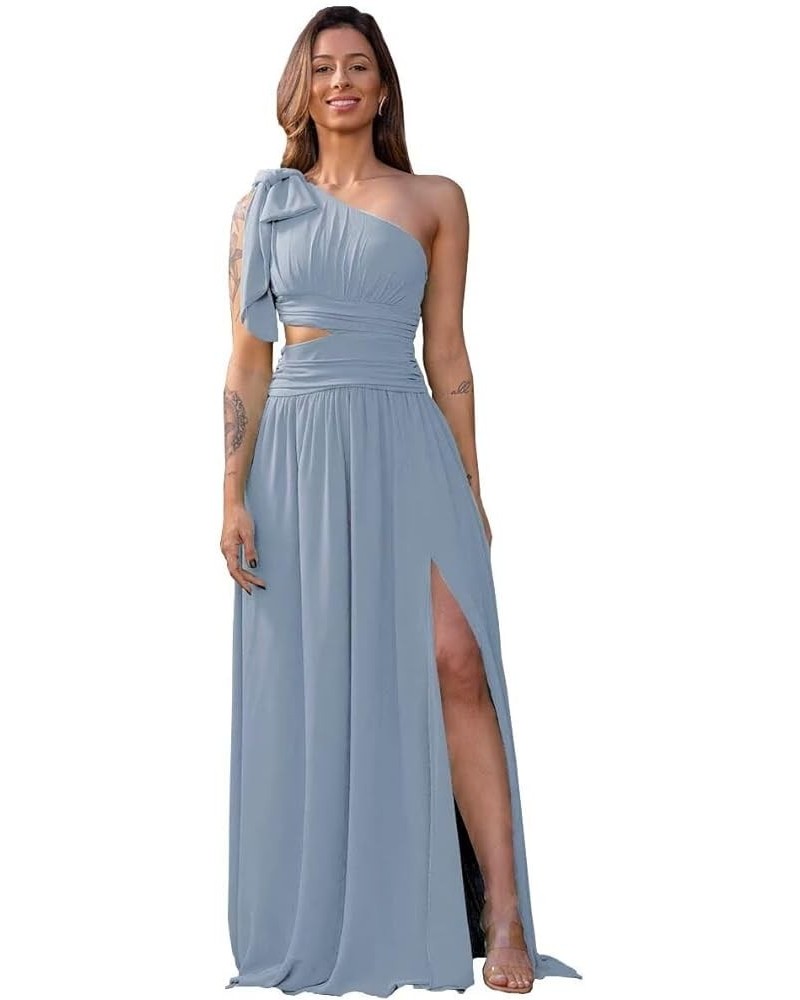 One Shoulder Ruched Bridesmaid Dresses for Women Slit Wedding Guest Dresses with Pockets Dusty Blue $25.30 Dresses