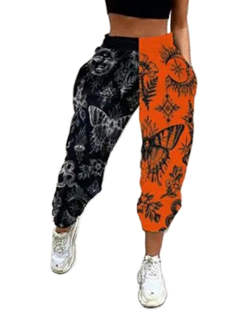 Women's Printed Jogger Pants Elastic Waist Fashion Graphic Hiphop Streetwear Loose Sweatpants with Pockets Trousers Black&ora...