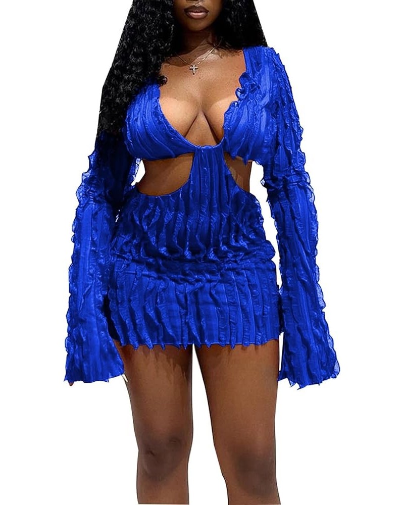 Women's Sexy Long Sleeve Club Dress Mesh V Neck Waist Cut Out Mini Dress Wedding Party Blue $16.23 Dresses