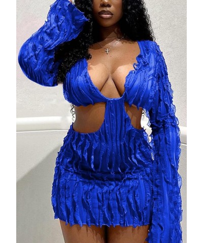 Women's Sexy Long Sleeve Club Dress Mesh V Neck Waist Cut Out Mini Dress Wedding Party Blue $16.23 Dresses