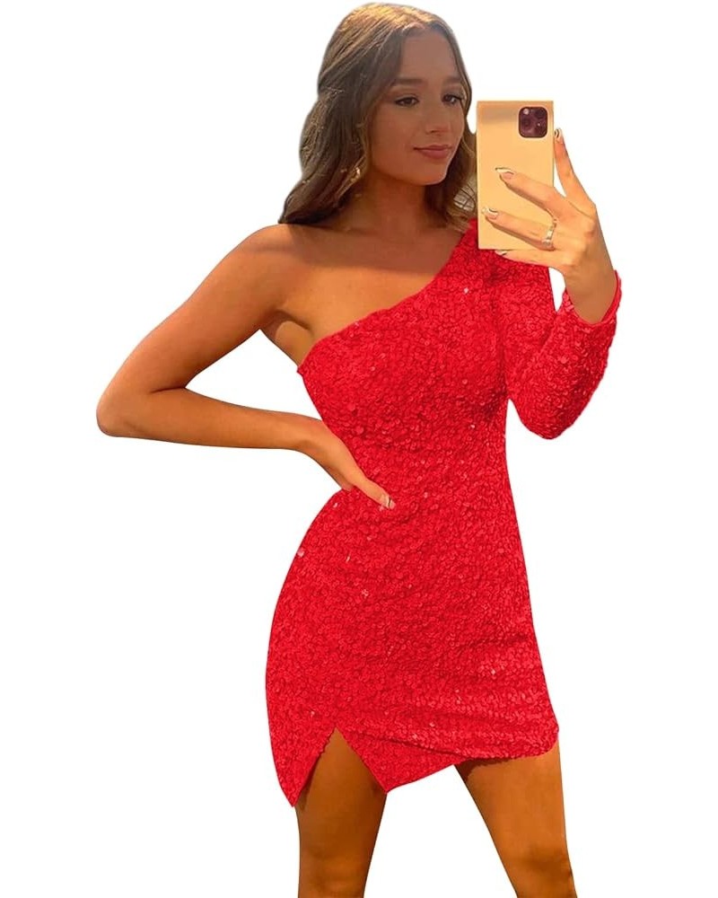 Sparkly Sequin One Shoulder Homecoming Dresses for Teens 2024 Long Sleeve Prom Dress Short Red $28.59 Dresses