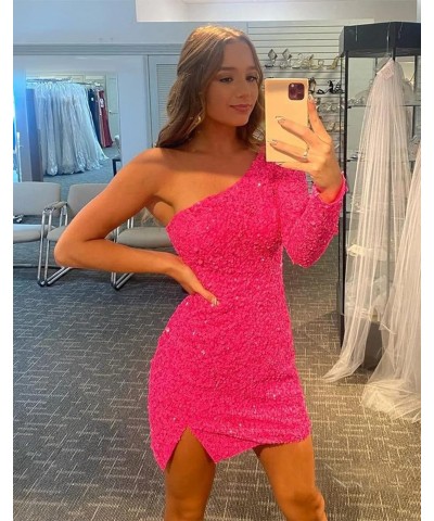 Sparkly Sequin One Shoulder Homecoming Dresses for Teens 2024 Long Sleeve Prom Dress Short Red $28.59 Dresses