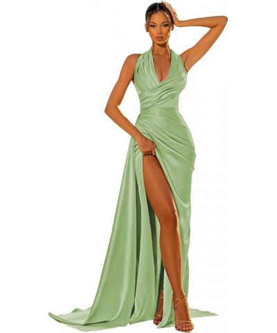 Women's Mermaid Pleated Satin Prom Dresses Long 2024 Formal Evening Gown with Slit Sage $32.49 Dresses