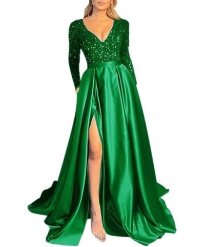 Long Sleeve Sequin Prom Dresses V Neck Sexy Slit Satin Gowns and Evening Dresses with Pocket Dark Green $44.54 Dresses