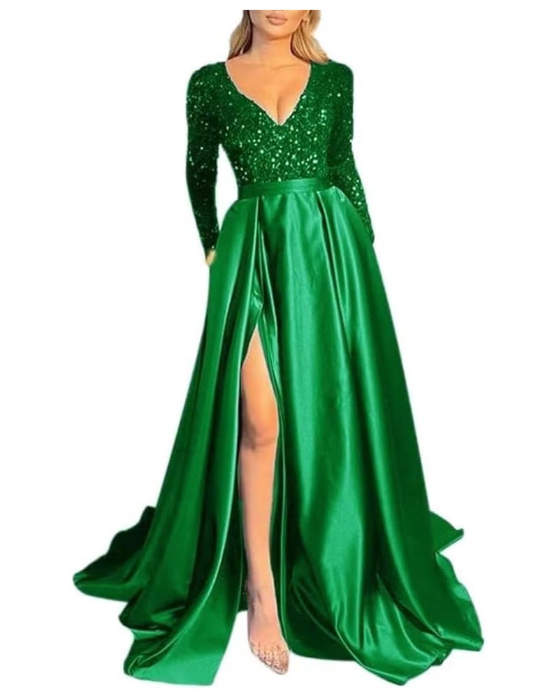 Long Sleeve Sequin Prom Dresses V Neck Sexy Slit Satin Gowns and Evening Dresses with Pocket Dark Green $44.54 Dresses