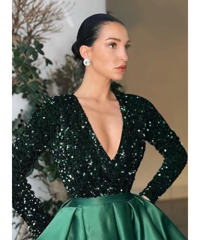 Long Sleeve Sequin Prom Dresses V Neck Sexy Slit Satin Gowns and Evening Dresses with Pocket Dark Green $44.54 Dresses