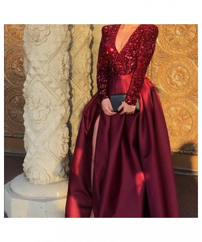 Long Sleeve Sequin Prom Dresses V Neck Sexy Slit Satin Gowns and Evening Dresses with Pocket Dark Green $44.54 Dresses