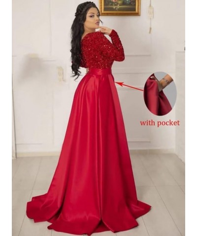 Long Sleeve Sequin Prom Dresses V Neck Sexy Slit Satin Gowns and Evening Dresses with Pocket Dark Green $44.54 Dresses