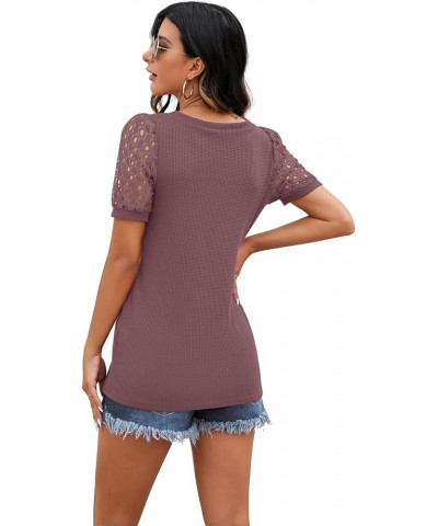 Waffle Knit Lace Short Sleeve Blouses V Neck T Shirts Summer Casual Tops for Women 02 Rust Red $15.11 Blouses