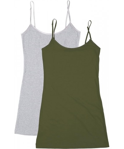 XT1002L Plus Size Adjustable Spaghetti Strap Trim Long Tank Top 2pack - Heather Grey/Olive $11.85 Tanks