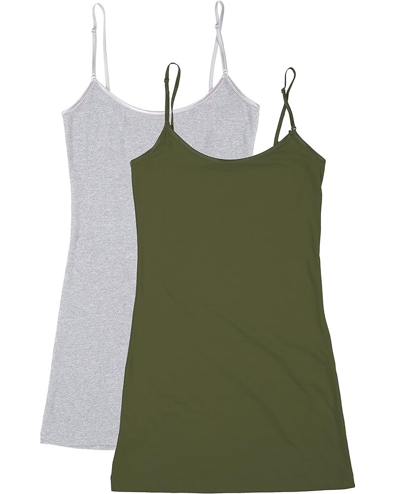 XT1002L Plus Size Adjustable Spaghetti Strap Trim Long Tank Top 2pack - Heather Grey/Olive $11.85 Tanks