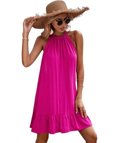 Women's Summer Floral Print Sleeveless Halter Neck Beach Party Dress Hot Pink Ruffle $16.40 Dresses