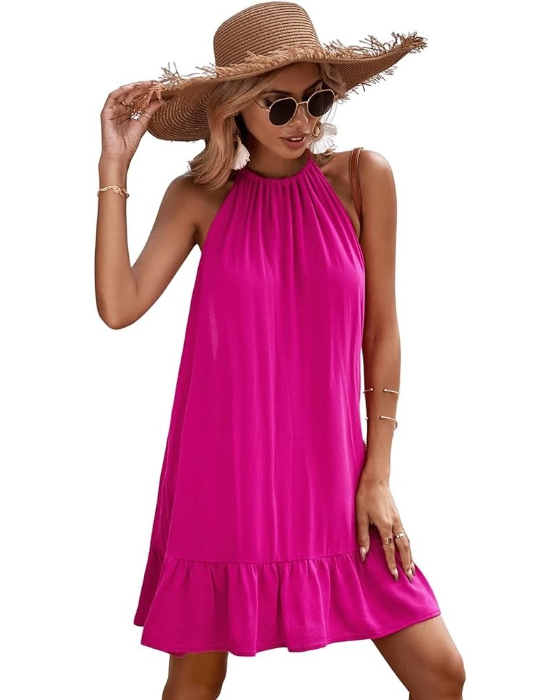 Women's Summer Floral Print Sleeveless Halter Neck Beach Party Dress Hot Pink Ruffle $16.40 Dresses