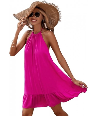 Women's Summer Floral Print Sleeveless Halter Neck Beach Party Dress Hot Pink Ruffle $16.40 Dresses