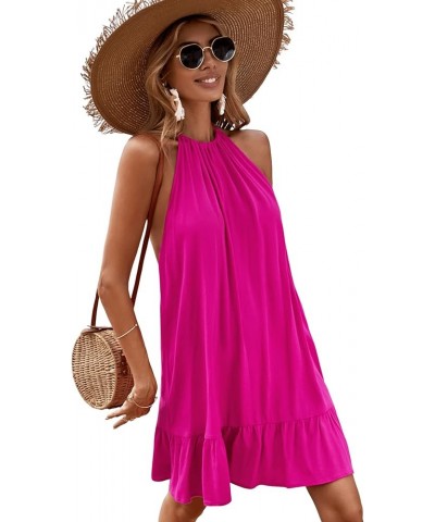 Women's Summer Floral Print Sleeveless Halter Neck Beach Party Dress Hot Pink Ruffle $16.40 Dresses