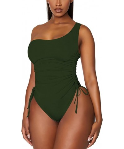 Women's One Shoulder Ruched One Piece Swimsuit Tummy Control High Cut Cheeky Bathing Suit Green One Shoulder $16.28 Swimsuits