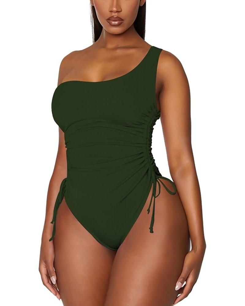 Women's One Shoulder Ruched One Piece Swimsuit Tummy Control High Cut Cheeky Bathing Suit Green One Shoulder $16.28 Swimsuits