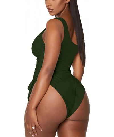 Women's One Shoulder Ruched One Piece Swimsuit Tummy Control High Cut Cheeky Bathing Suit Green One Shoulder $16.28 Swimsuits