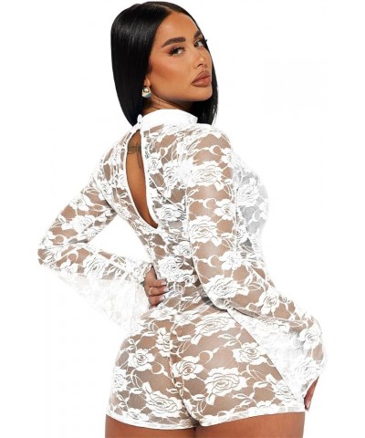 Womens Sexy Lace Jumpsuit See Through Mesh Ruffle Long Sleeve Short Romper Clubwear with Belt Lace White $20.29 Rompers