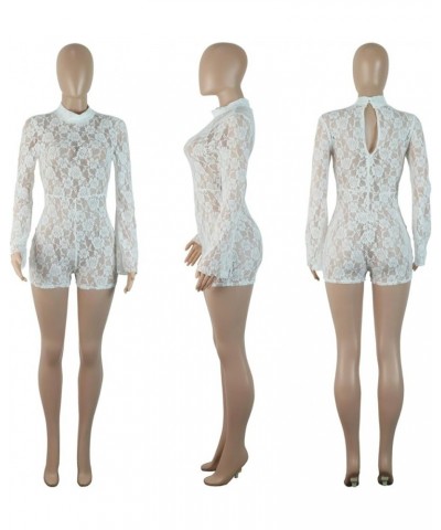 Womens Sexy Lace Jumpsuit See Through Mesh Ruffle Long Sleeve Short Romper Clubwear with Belt Lace White $20.29 Rompers