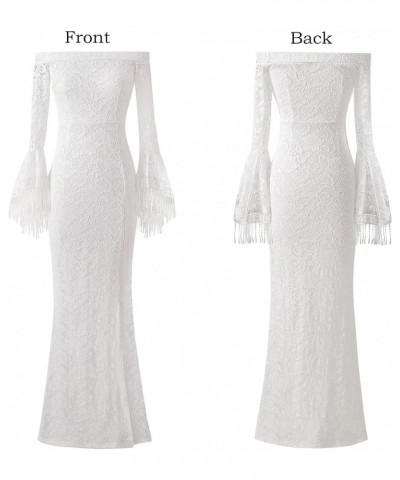 Womens Off Shoulder Bell Sleeve Formal Evening Wedding Party Maxi Dress Off-white With Fringe Sleeves $34.83 Dresses