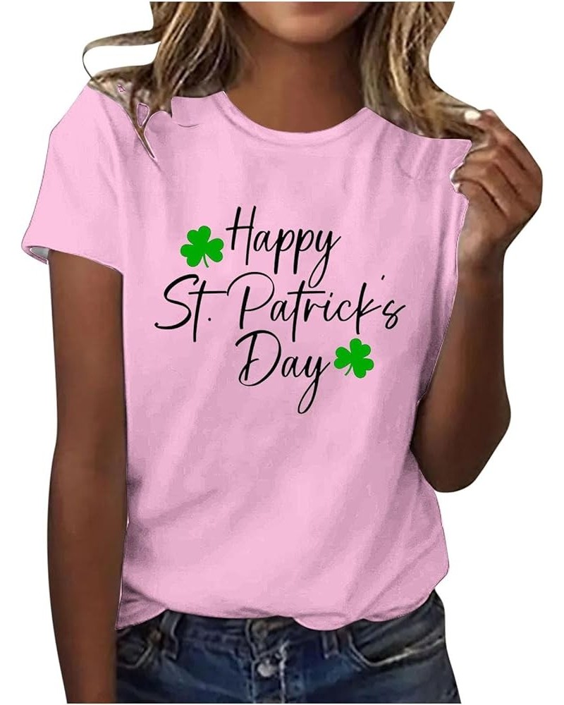 St. Patrick's Day Shirts for Women Shamrock Graphic Tees Short Sleeve Round Neck Blouses Casual Loose Fit T-Shirt T09pink Lig...