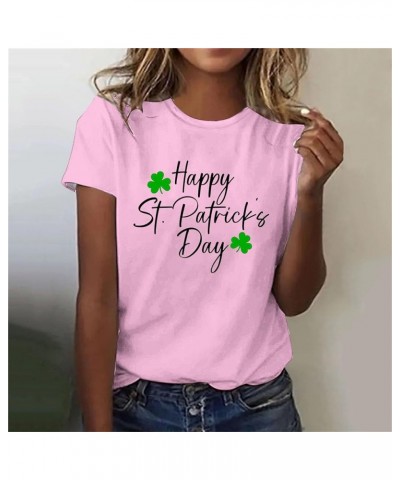 St. Patrick's Day Shirts for Women Shamrock Graphic Tees Short Sleeve Round Neck Blouses Casual Loose Fit T-Shirt T09pink Lig...