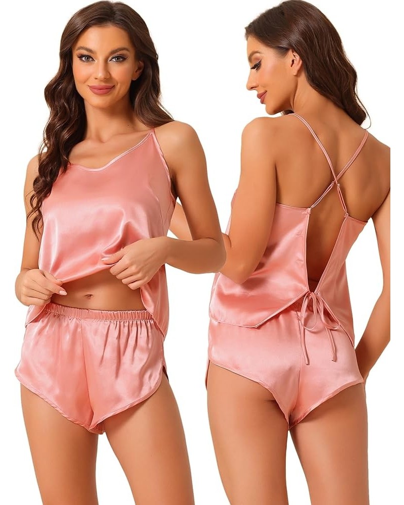 Womens Satin Pajamas Backless Sexy Lingerie Pjs Tops with Shorts Silky Cami Lounge Sets Pink $11.52 Sleep & Lounge