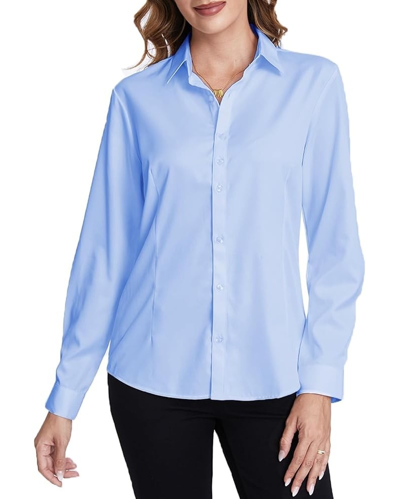 Women's Classic Button-Down Blouse Formal Work Dress Fitted Shirts Collared Long Sleeve Business Top Light Blue, Classic $15....