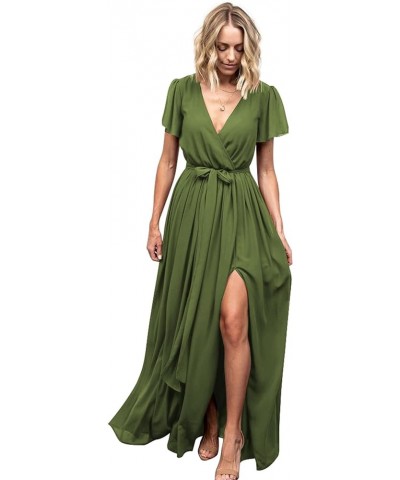 Women's V Neck Bridesmaid Dresses with Sleeves A Line Chiffon Long Formal Slit Evening Party Gowns Olive Green $35.20 Dresses