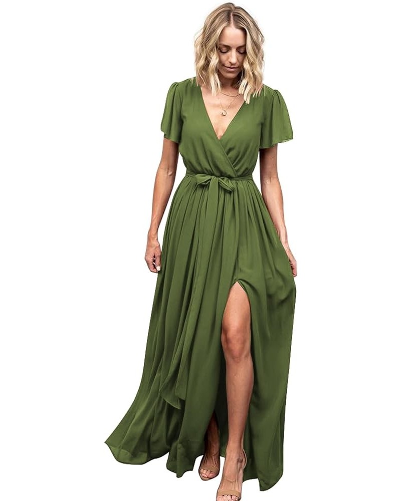 Women's V Neck Bridesmaid Dresses with Sleeves A Line Chiffon Long Formal Slit Evening Party Gowns Olive Green $35.20 Dresses