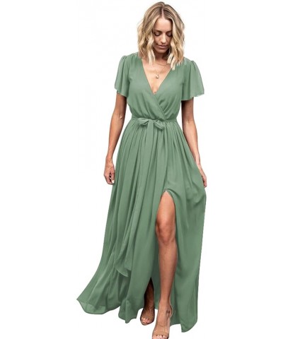 Women's V Neck Bridesmaid Dresses with Sleeves A Line Chiffon Long Formal Slit Evening Party Gowns Olive Green $35.20 Dresses